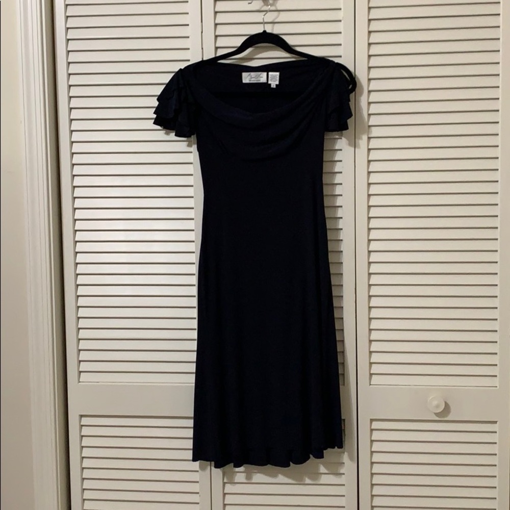 Byron Lars Navy Jersey Dress with ruffle sleeves